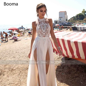 Booma Seksualus Apynasrio Paplūdimys Vestuvių Suknelės Rankovių Aukštos Ritininės Šifono Nuotakos Suknelės Backless Vien Top Appliques Vestuvinės Suknelės