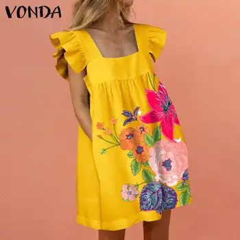 Vasaros Gėlių Spausdinti Bakas Suknelė 2021 VONDA Moterų Berankovis Susiėmę Šalis Mini Suknelės Beach Sundress Atsitiktinis Negabaritinių Vestidos