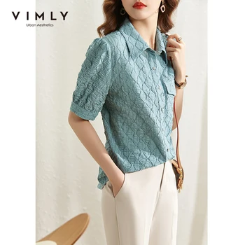 VIMLY Naujas Vasaros Moterų Palaidinė Mėlynas Vintage Marškinėliai trumpomis Rankovėmis Vieną Krūtinėmis Elegantiškas Viršūnes Moterų Drabužių F8185