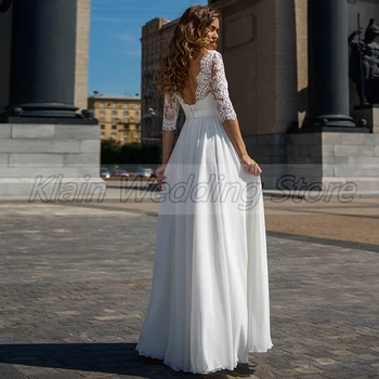 A-line Užsakymą Pagaminti Nėriniai Pusė Rankovės Vestuvių Suknelė iki 2021 m. Elegantiškas O-kaklo Aplikacijos Šifono Vestuvinės Suknelės su Valymo Traukinio