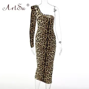 ArtSu Seksualus Vieną Petį Leopard Gyvūnų Spausdinti Midi Suknelė Moterims, Elegantiškas Mados Komplektus Klubas Šalies Ritininės Suknelės, Drabužiai ANDYDR155
