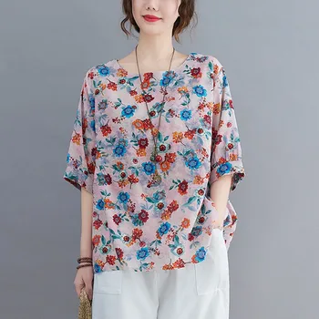 Moterys Vasarą Medvilnės Skalbiniai Atsitiktinis marškinėliai Naują Atvykimo 2021 Vintage Stiliaus Gėlių Spausdinti Prarasti Moterų Pusė Rankovių Viršūnes Tees B633