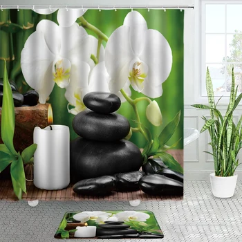 Violetinė Orchidėja Žalia Bambuko Dušo Užuolaidos Vonios Kilimėliai Nustatyti Zen Juodasis Akmuo Spa Gamtos Kraštovaizdžio, Vonios kambarys Dekoro neslidus Durų Kilimėlis