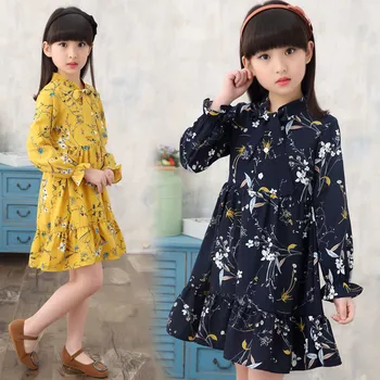 Paauglių mergaičių prarasti šifono suknelė ilgomis rankovėmis pavasario rudens gėlių spausdinti medvilnės suknelė, skirta 4 - 14 metų big girl drabužiai 2021